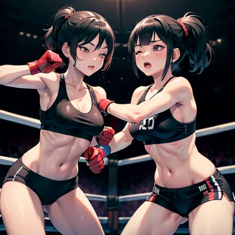 Very intense battle。Murderous intent。Boxing in the ring。Dynamic punch exchange。Two young and cute Japanese female idol boxers in...