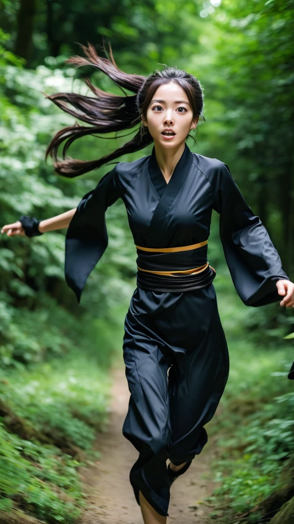 skinny Japanese woman in black Ninja kimono costume running to escape in the dark forest, beautiful face, ((detailed face, detailed eyes)), high quality, high resolution, hyperrealistic photo, a photo capturing a shocking moment, award-winning, masterpiece