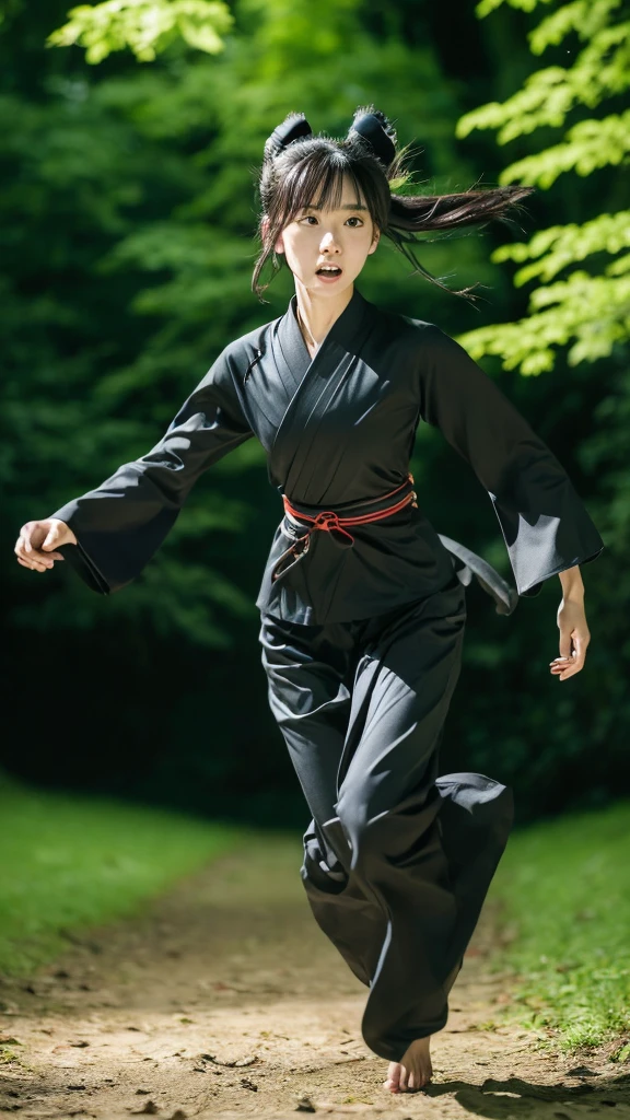 검은 닌자 기모노 의상을 입은 마른 일본 여성이 어두운 숲에서 탈출하기 위해 달려갑니다., 아름다운 얼굴, ((상세한 얼굴, 상세한 눈)), 고품질, 높은 해상도, 초현실적인 사진, 충격적인 순간을 포착한 사진, 수상 경력이 있는, 걸작