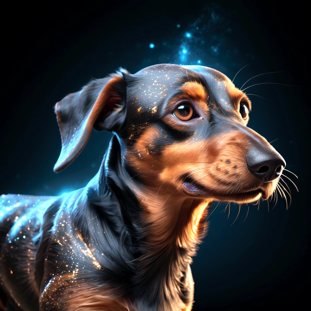 glowing photorealistic closeup side view final render of an epic daschund running forward, veins glowing in power, its back disintegrating into a magical dust, full body side view, deep colors, gorgeous eyes, glitter