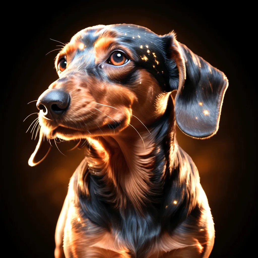 glowing photorealistic closeup side view final render of an epic daschund running forward, veins glowing in power, its back disi...