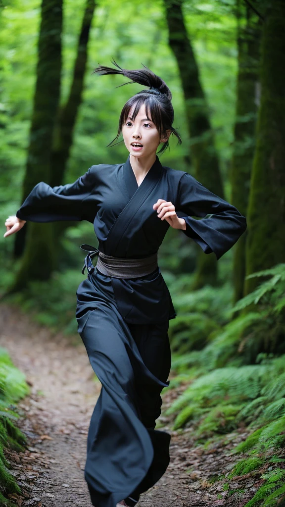 검은 닌자 기모노 의상을 입은 마른 일본 여성이 어두운 숲에서 탈출하기 위해 달려갑니다., 아름다운 얼굴, ((상세한 얼굴, 상세한 눈)), 고품질, 높은 해상도, 초현실적인 사진, 충격적인 순간을 포착한 사진, 수상 경력이 있는, 걸작