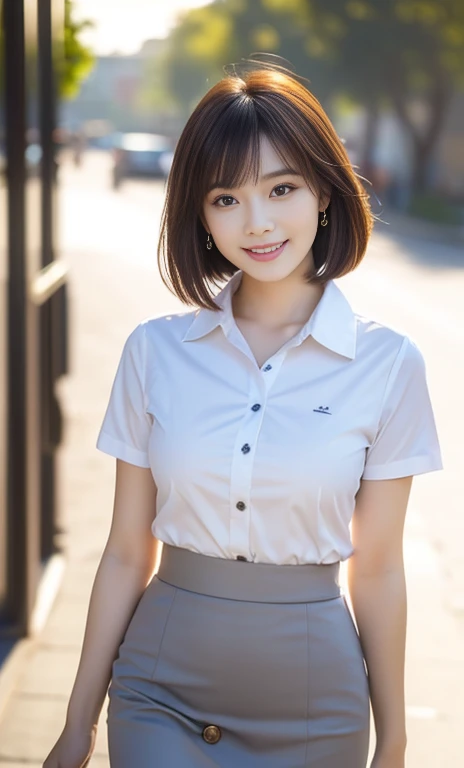 (A gorgeous Chinese office lady, age 22, wearing formal office attire, short-sleeve white shirt with collar and buttons, grey pencil skirt, walking in a sunset, friendly and kind expression, gentle smile, dimpled smile, cute snaggle-tooth, Korean Bob Haircut Side-Bangs-Sophistication, symmetrical face, beautiful detailed face, bright_and_full_of_warmth_eyes, detailed eyes, ample round bosom, photorealistic, hyper-realism, high contrast, ultra HD, realistic skin textures, top image quality, top-quality, super high resolution, fine details, very meticulously, masterpiece, head to knees, the Cowboy shot, romantic atmosphere, bokeh night background)