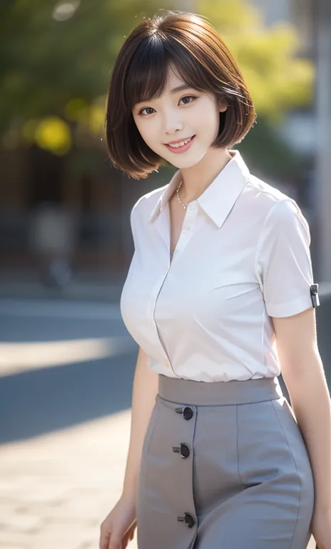 (A gorgeous Chinese office lady, age 22, wearing formal office attire, short-sleeve white shirt with collar and buttons, grey pe...