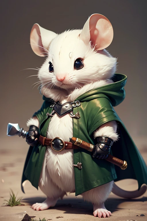 ((best quality)), ((detailed)), ((realistic)), 1mouse, solo, white mouse, white fur, black eyes, green hooded cape, belt with pouch, holding a rapier, cute, little, one tail, bare chest