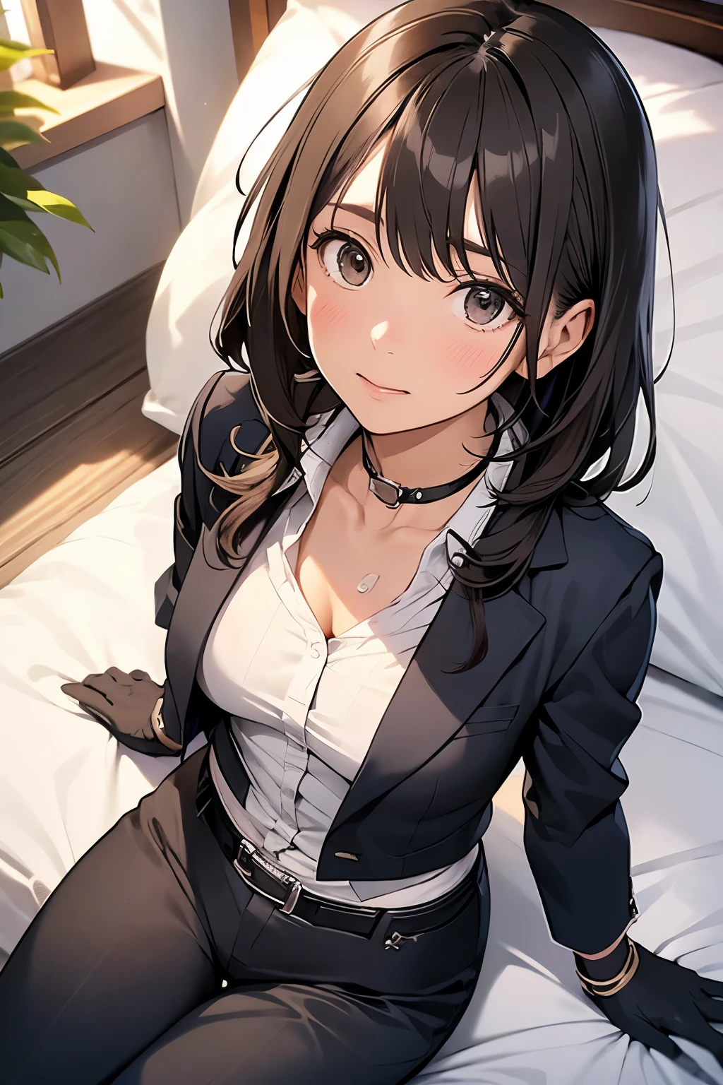 Spender　　　Moderate breasts　 　 　　　　Small face　 　　　holster　　　Beautiful woman　　　　 Lying in bed　Looking up　　　　Sweat 　　　belt　summer　脇Sweat 　Black Hole Gloves　suit　shirt　　Black jacket　 Black trousers　Leg Links　ズボンにbelt　No bra　