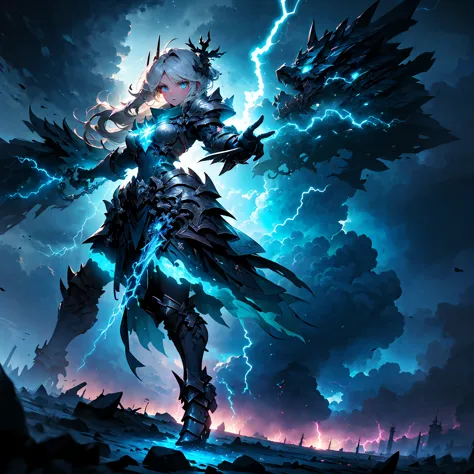 ((full body shot)) of a girl in electrifying, futuristic armor with sleek silver and blue accents, soaring through a stormy, ele...