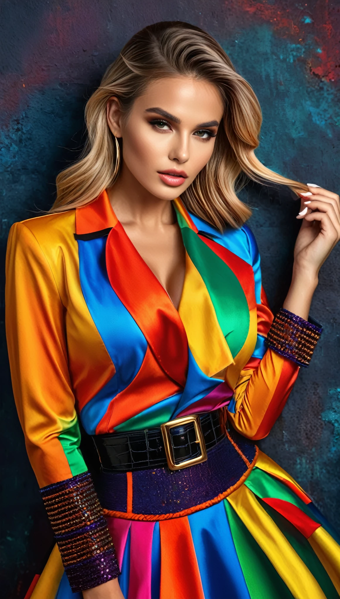 Award-winning photo by slim Aaons of Beautiful Instagram model, dressed in fashion, sharp, magic realism. Perfect realistic skin and hands. Ultra realistic photo, vibrant colors, 8k
