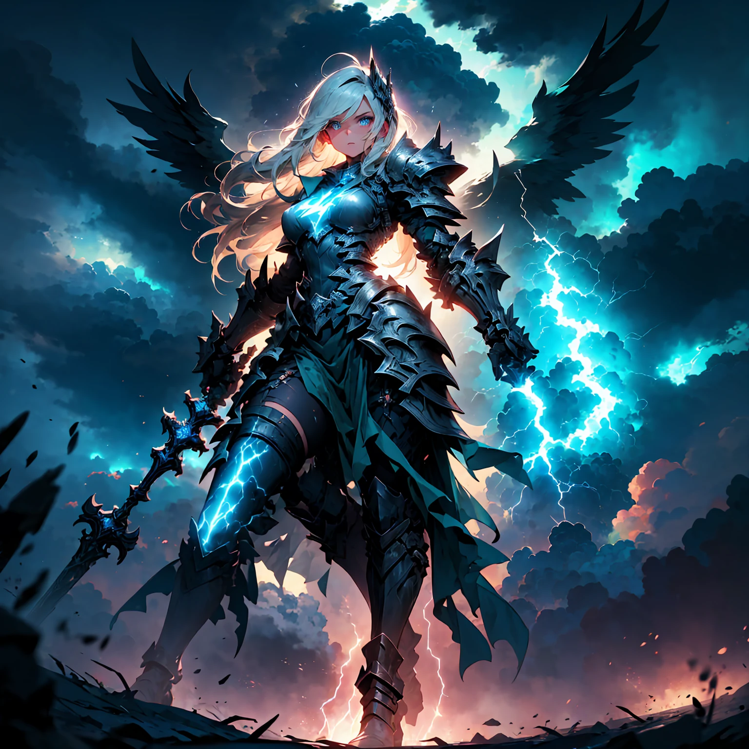 ((full body shot)) of a girl in electrifying, futuristic armor with sleek silver and blue accents, soaring through a stormy, electrified sky. She has short, spiky platinum blonde hair and piercing, electric blue eyes. Her skin has a faint, radiant glow, and she is adorned with intricate lightning bolt motifs. She holds a magnificent staff crackling with arcs of lightning, emitting a powerful, electric aura. The atmosphere is {charged|awe-inspiring}, with thunderclouds and bolts of lightning illuminating the scene. The ground beneath her is charged with static electricity, creating a shimmering effect and adding to the electrifying ambiance. Surrounding her are swirling storm clouds and bursts of lightning in shades of {blue|white}, casting a dynamic, electrical glow. As she flies, she effortlessly manipulates the lightning bolts with her outstretched hand, showcasing her mastery over electricity. The background features towering, swirling storm formations and glimpses of a distant, lightning-lit castle, hinting at a kingdom ruled by thunder and lightning. The scene is intense and majestic, with her face showing a confident yet serene expression, her eyes focused intently on harnessing her power.

[Best quality], [Masterpiece], [Ultra-detailed], [4k], {charged|awe-inspiring} atmosphere, stormy sky, {dynamic pose|commanding pose}, electrified illumination, {soft shadows|dramatic lighting}, {charged ground:0.7}, {swirling storm clouds:0.6}, {bursts of lightning:0.5}, {storm formations:0.4}, {lightning-lit castle:0.3}.