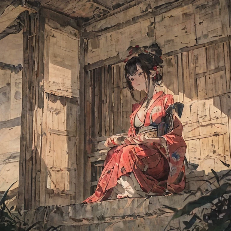 (Fille renard, oreilles de renard, cheveux noirs, Maquillage De Renard, Une fille, cheveux longs:1.6), (kimono, Kimono poitrine ouverte, Un magnifique kimono aux motifs rouges et noirs, Je peux voir son décolleté, poitrine ouverte, peau exposée:1.8), (Les mensurations sont 75-60-75!, corps de jeune fille, Petits seins, Petits seins, souligner la poitrine, Les genoux sont légèrement visibles, Musclé, muscles abdominaux, Cachez votre propre poitrine avec vos mains:1.9), avatar, affronter, lewd affronter, Représentation dominante, naughty affronter, Édifiant, Texture de la peau, dehors, Terrain brousailleux