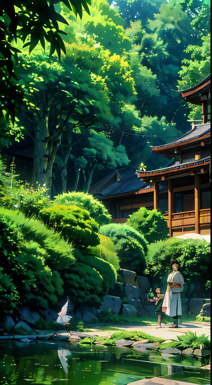 Amidst the tranquil beauty of a traditional Japanese garden, the Anime Girl and Boy engage in a spirited game of badminton, their laughter mingling with the chirping of birds in the peaceful surroundings. --niji 6 --ar 4:3 