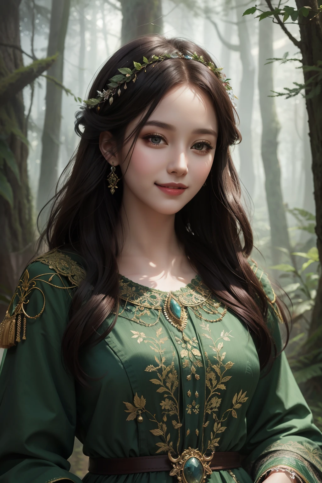 porrtrait of  a woman in an ancient mystical forest with digital painting in a fantasy landscape style, smile
 masterpiece, best quality, intricate detail,