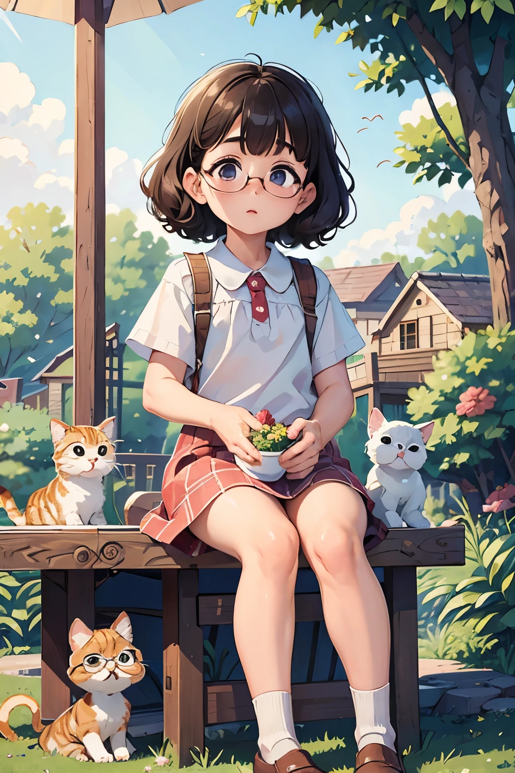 Highest quality，masterpiece，Highest quality，Hilarious, Honor student, 10 years old，Glasses，Low length，Curly Hair，Blunt bangs，Thick eyebrows，Girl in a short dress、sitting on a chair with a cute cat with round eyes、loafers，The garden fountain is next door...， Distant home.