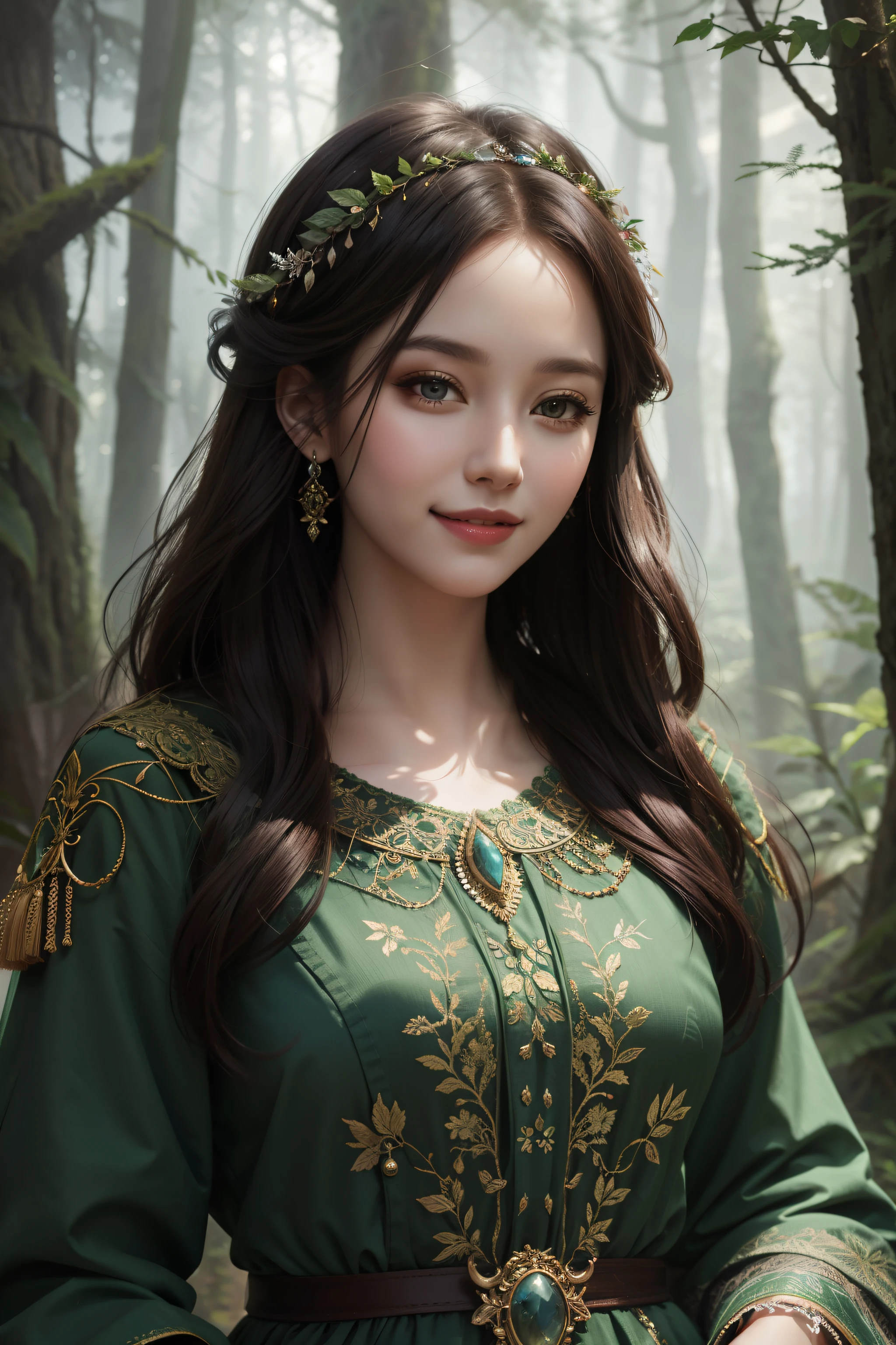 retrato de una mujer en un antiguo bosque místico con pintura digital en un estilo de paisaje de fantasía, sonrisa
obra maestra, mejor calidad, Detalle intrincado,