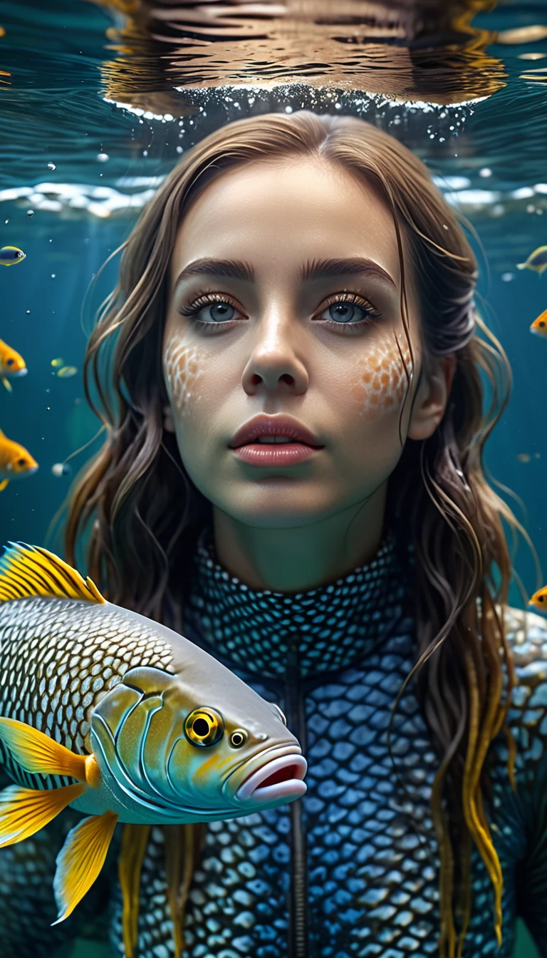 水中には人間の顔と魚の体を持つ生き物がいる.，(最高品質，4k，8K，上級，傑作：1.2），超詳細，（リアル，写真リアル，写真リアル：1.37），非常に精巧に描かれた動物たち，複雑なパターン，リアルな照明