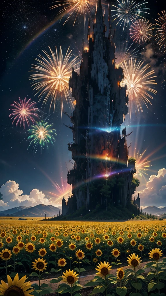 Landscape of sunflower field、firework、firework大会、Rainbow colorsのfireworkが打ちあがっている瞬間、夜nullとともに、Cyberpunk Mountain、サイバーパンクなひまわり景色で壮大なfirework、future都市、Highest quality、masterpiece, (Diffuse reflection of light:1.2), When the fantastic rainbow turns into shadow, bathed in a mystical atmosphere.The animals are watching too、 dance, Cast magic spells. evoke a sense of wonder and awe. A fusion of natural grandeur and magic, Weaving dreams into reality. Behold, null, And the unknown, Fleeting、And an eternal moment, 16K, Ultra-high resolution.Realistic, Ultra-high resolution, to be born,future、Rainbow colorsに光り輝く、Rainbow colors、The world 30 years from now。