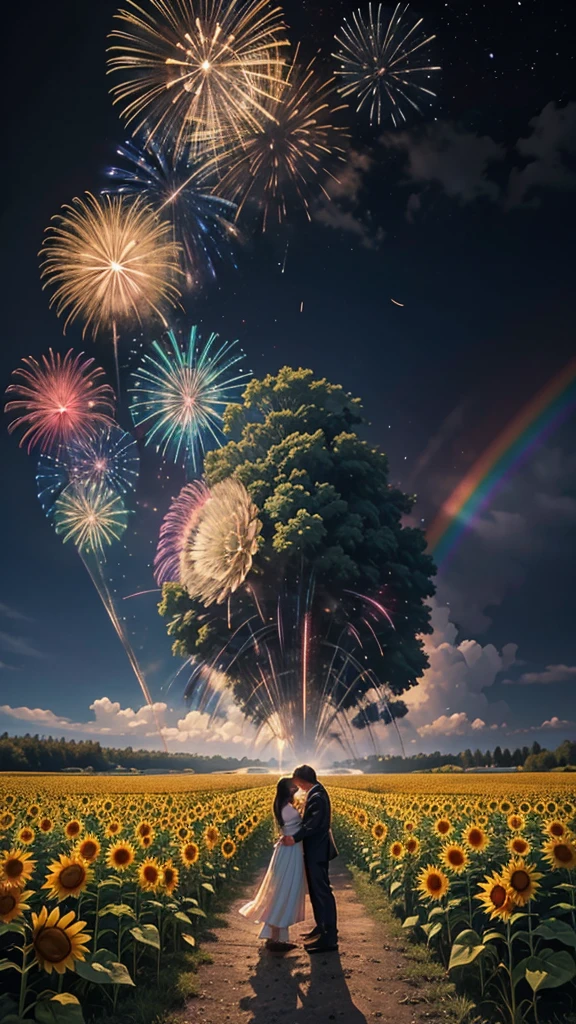 Landscape of sunflower field、firework、firework大会、Rainbow colorsのfireworkが打ちあがっている瞬間、夜nullとともに、サイバーパンクなひまわり景色で壮大なfirework、future都市、Highest quality、masterpiece, (Diffuse reflection of light:1.2), When the fantastic rainbow turns into shadow, bathed in a mystical atmosphere.The animals are watching too、 dance, Cast magic spells. evoke a sense of wonder and awe. A fusion of natural grandeur and magic, Weaving dreams into reality. Behold, null, And the unknown, Fleeting、And an eternal moment, 16K, Ultra-high resolution.Realistic, Ultra-high resolution, to be born,future、Rainbow colorsに光り輝く、Rainbow colors、The world 30 years from now。