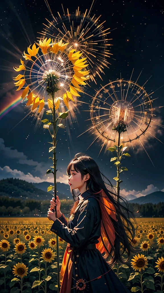 Paysage de champ de tournesol、feu d&#39;artifice、feu d&#39;artifice大会、couleurs de l&#39;arc-en-cielのfeu d&#39;artificeが打ちあがっている瞬間、夜nulとともに、サイバーパンクなひまわり景色で壮大なfeu d&#39;artifice、avenir都市、la plus haute qualité、chef-d&#39;œuvre, (Réflexion diffuse de la lumière:1.2), Quand l&#39;arc-en-ciel fantastique se transforme en ombre, baigné dans une atmosphère mystique.Les animaux regardent aussi、 danse, Lancez des sorts magiques. susciter un sentiment d&#39;émerveillement et de respect. Une fusion de grandeur naturelle et de magie, Transformer les rêves en réalité. Voir, nul, Et l&#39;inconnu, Fugace、Et un moment éternel, 16k, Ultra haute résolution.Réaliste, Ultra haute résolution, naître,avenir、couleurs de l&#39;arc-en-cielに光り輝く、couleurs de l&#39;arc-en-ciel、Le monde dans 30 ans。