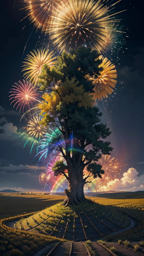 Paisagem de campo de girassol、fogo de artifício、fogo de artifício大会、cores do arco-írisのfogo de artifícioが打ちあがっている瞬間、夜nuloとともに、、サイバーパンクなひまわり景色で壮大なfogo de artifício、futuro都市、mais alta qualidade、obra de arte, (Reflexão difusa da luz:1.2), Quando o fantástico arco-íris se transforma em sombra, banhado por uma atmosfera mística, Lançar feitiços mágicos. evocar uma sensação de admiração e admiração. Uma fusão de grandeza natural e magia, Tecendo sonhos em realidade. Contemplar, nulo, E o desconhecido, fugaz、And an eternal moment, 16k, Resolução ultra-alta.realista, Resolução ultra-alta, para nascer,futuro、cores do arco-írisに光り輝く、cores do arco-íris、O mundo daqui a 30 anos。