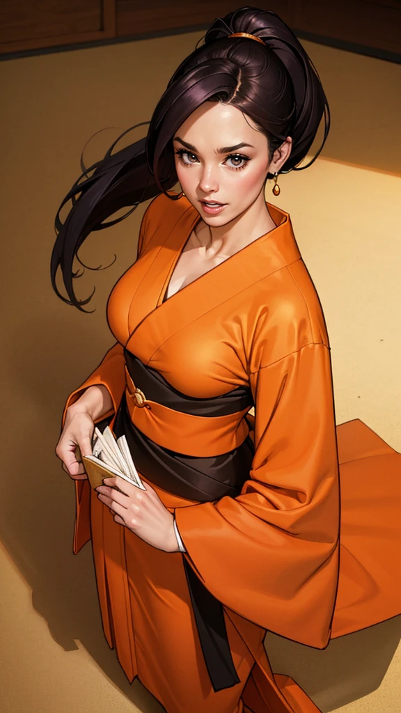 （（（Perfect figure, 1girl, figure，xuer martial arts，Orange kimono，Orange kimono，Black undershirt，（（（shihouin yoruichi，Golden pupil，1girl，dark-skinned female，solo，ponytail，long purple hair ））），（（（wide hips））），S-shaped figure:1.7））），((masterpiece)),high resolution, ((Best quality at best))，masterpiece，quality，Best quality，（（（ Exquisite facial features，looking at the audience,There is light in the eyes，blush，shy，open mouth））），（（（Light and shadow interlace，huge ））），（（（looking into camera，lie on the floor，from above，looking down，open hands，Kurotsuchi）））