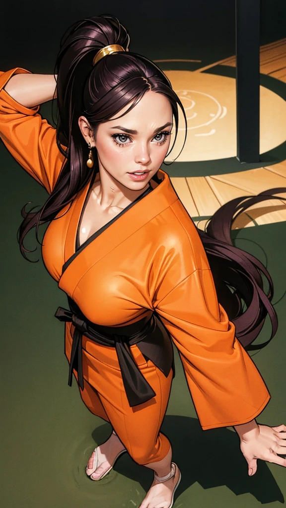 （（（Perfect figure, 1girl, figure，xuer martial arts，Orange kimono，Orange kimono，Black undershirt，（（（shihouin yoruichi，Golden pupil，1girl，dark-skinned female，solo，ponytail，long purple hair ））），（（（wide hips））），S-shaped figure:1.7））），((masterpiece)),high resolution, ((Best quality at best))，masterpiece，quality，Best quality，（（（ Exquisite facial features，looking at the audience,There is light in the eyes，blush，shy，open mouth））），（（（Light and shadow interlace，huge ））），（（（looking into camera，lie on the floor，from above，looking down，open hands，Kurotsuchi）））