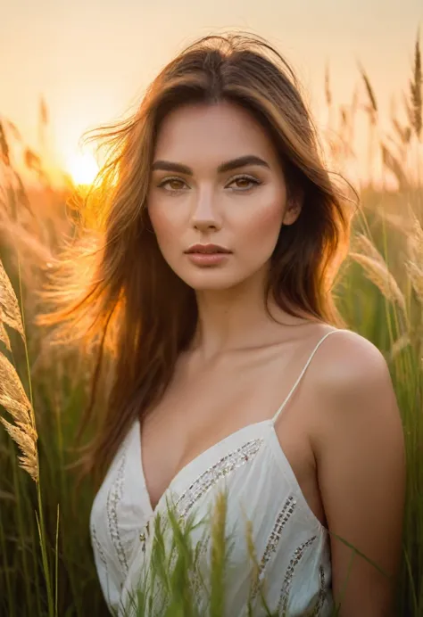 a close up of a woman in a field of tall grass, soft golden hour lighting, photo of a beautiful woman, at golden hour, beautiful...