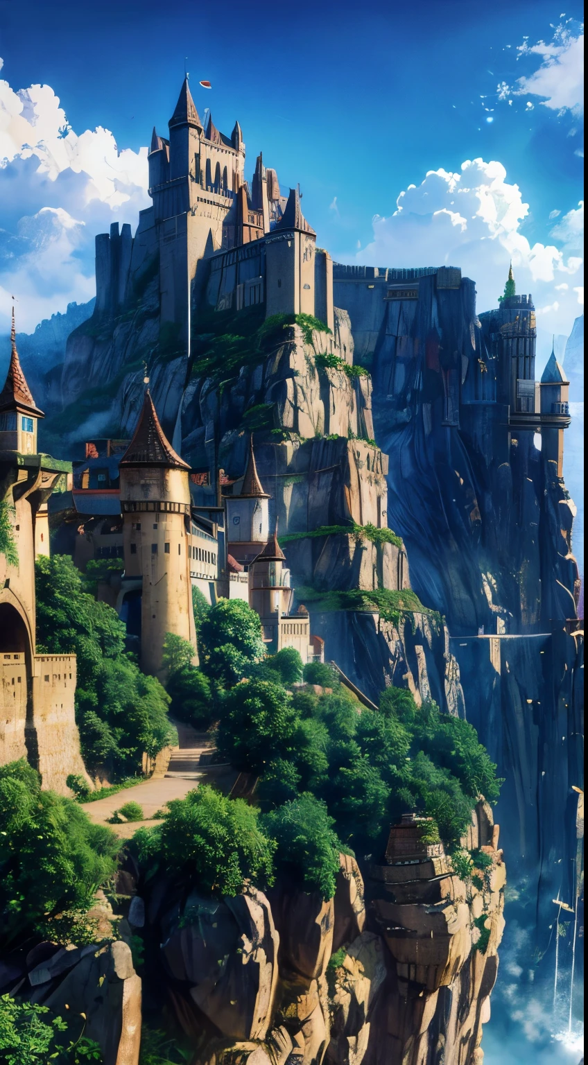 anime village with a mountain in the background, medeival fantasy town, mountain fortress city, fantasy town setting, detailed fantasy digital art, a bustling magical town, detailed digital concept art, cliffside town, 4k highly detailed digital art, fantasy town, detailed 4k concept art, highly detailed fantasy art, beautiful detailed concept art, steampunk villages castles