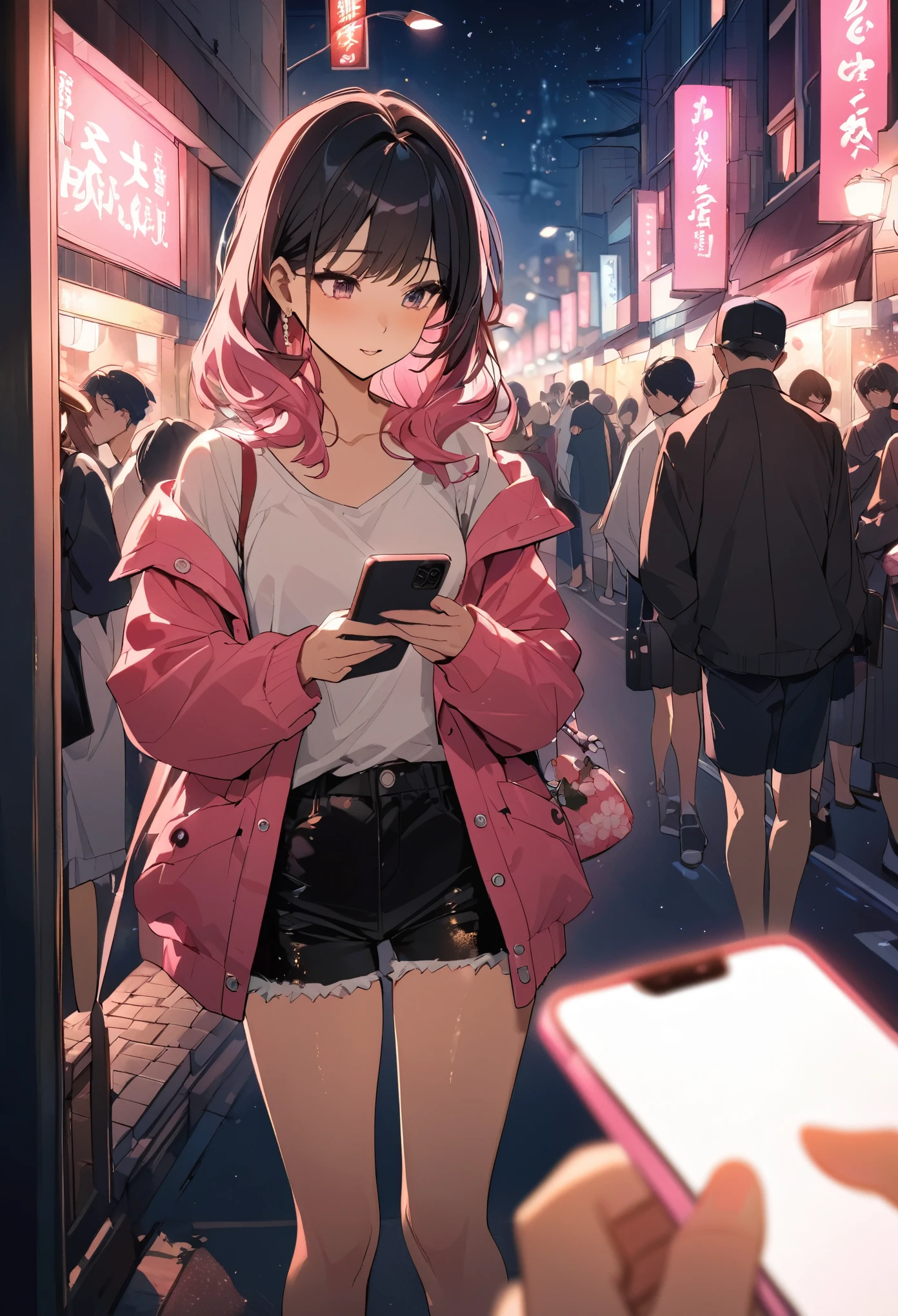 Beautiful woman, street lights at night, Fiddling with smartphones, Hot Pants, Fragrant pink flowers, Passersby, night gradient, fine details, Subtle tones, There is a sense of tranquility in the picture.  