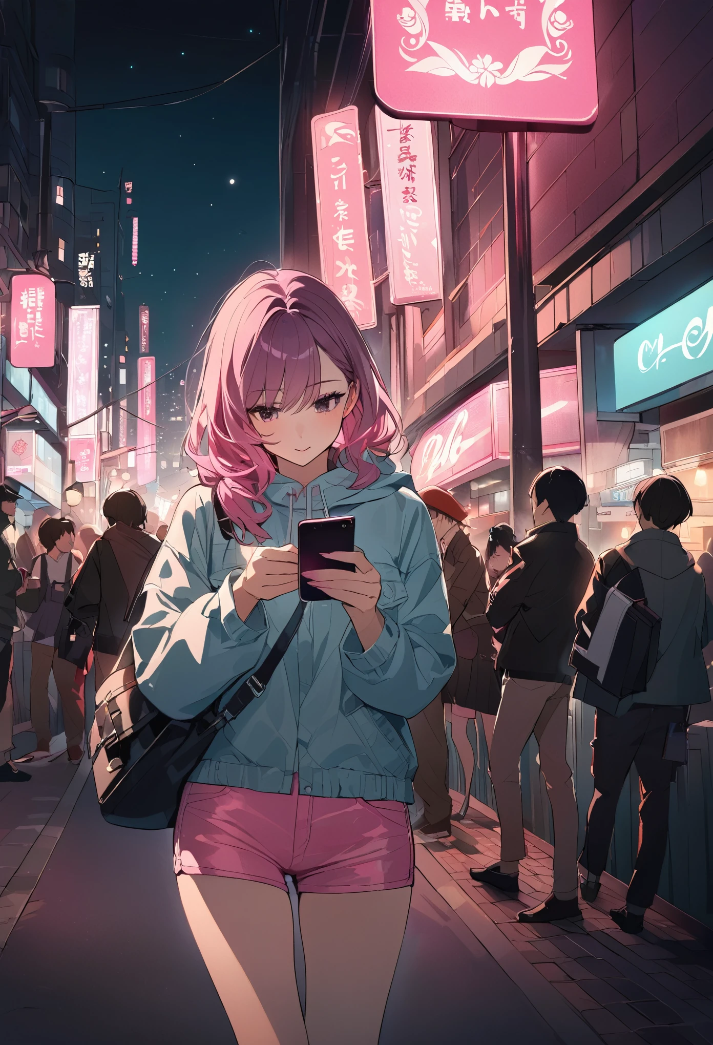 Beautiful woman, street lights at night, Fiddling with smartphones, Hot Pants, Fragrant pink flowers, Passersby, night gradient, fine details, Subtle tones, There is a sense of tranquility in the picture.  