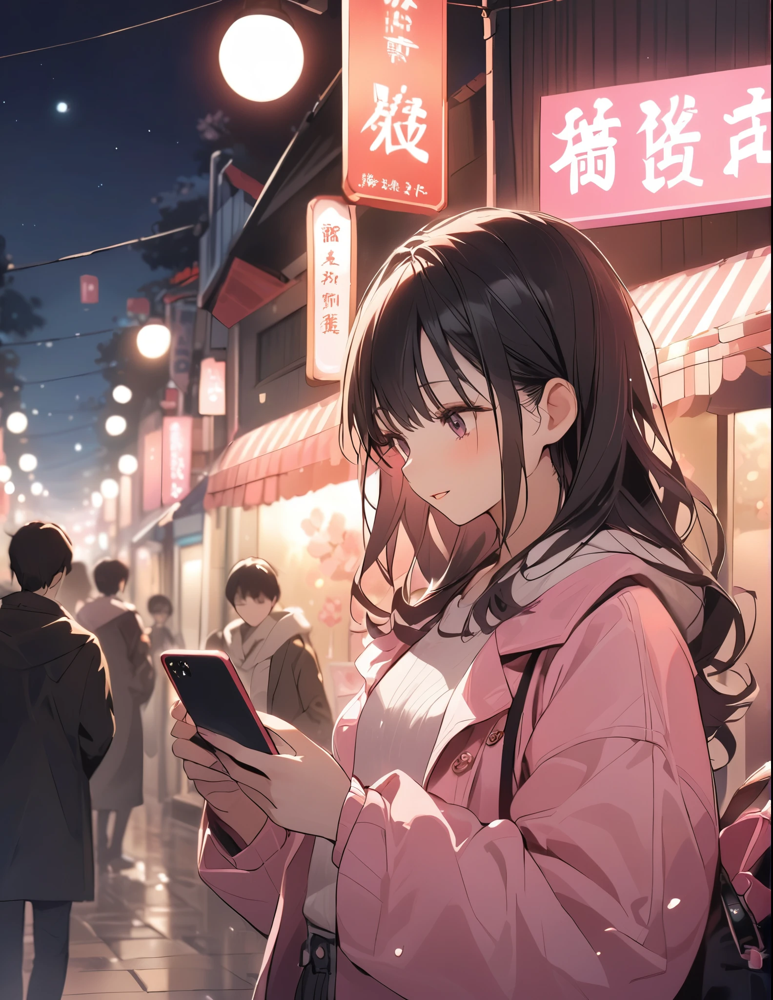 Beautiful woman, street lights at night, Fiddling with smartphones, Hot Pants, Fragrant pink flowers, Sakura, Passersby, night gradient, fine details, Subtle tones, There is a sense of tranquility in the picture.  