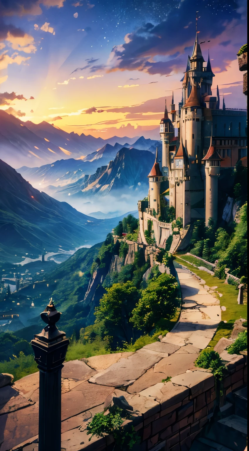 anime village with a mountain in the background, medeival fantasy town, mountain fortress city, fantasy town setting, detailed fantasy digital art, a bustling magical town, detailed digital concept art, cliffside town, 4k highly detailed digital art, fantasy town, detailed 4k concept art, highly detailed fantasy art, beautiful detailed concept art, steampunk villages castles(glowing dots)