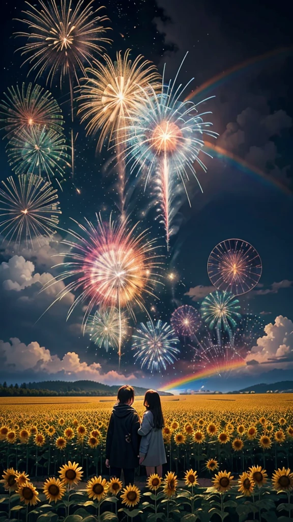 ひまわり畑の風景、花火、花火大会、虹色の花火が打ちあがっている瞬間、夜ヌルとともに、、ひまわり景色で壮大な花火、未来都市、最高品質、傑作, (光の拡散反射:1.2), 幻想的な虹が影に変わるとき, 神秘的な雰囲気に包まれて, 魔法の呪文を唱える. 驚きと畏敬の念を呼び起こす. 自然の壮大さと魔法の融合, 夢を現実に織り込む. 見よ, ヌル, そして未知の, つかの間の、そして永遠の瞬間, 16k, 超高解像度.現実的, 超高解像度, 生まれる,未来、虹色に光り輝く、虹色、30年後の世界。