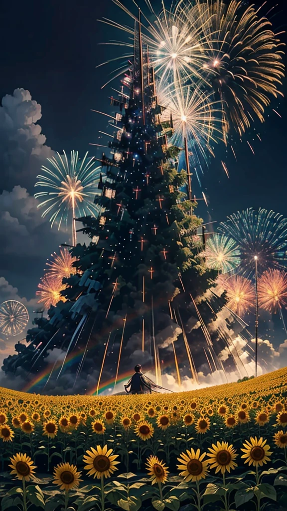 Paysage de champ de tournesol、feu d&#39;artifice、feu d&#39;artifice大会、couleurs de l&#39;arc-en-cielのfeu d&#39;artificeが打ちあがっている瞬間、夜nulとともに、、ひまわり景色で壮大なfeu d&#39;artifice、avenir都市、la plus haute qualité、chef-d&#39;œuvre, (Réflexion diffuse de la lumière:1.2), Quand l&#39;arc-en-ciel fantastique se transforme en ombre, baigné dans une atmosphère mystique, Lancez des sorts magiques. susciter un sentiment d&#39;émerveillement et de respect. Une fusion de grandeur naturelle et de magie, Transformer les rêves en réalité. Voir, nul, Et l&#39;inconnu, Fugace、Et un moment éternel, 16k, Ultra haute résolution.Réaliste, Ultra haute résolution, naître,avenir、couleurs de l&#39;arc-en-cielに光り輝く、couleurs de l&#39;arc-en-ciel、Le monde dans 30 ans。