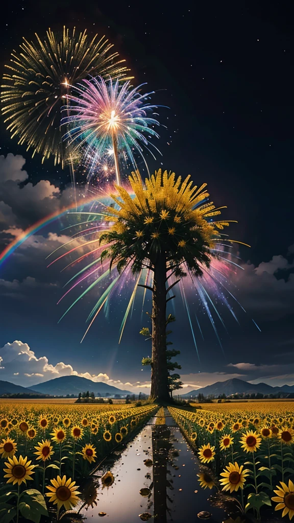 ひまわり畑の風景、花火、花火大会、虹色の花火が打ちあがっている瞬間、夜ヌルとともに、、ひまわり景色で壮大な花火、未来都市、最高品質、傑作, (光の拡散反射:1.2), 幻想的な虹が影に変わるとき, 神秘的な雰囲気に包まれて, 魔法の呪文を唱える. 驚きと畏敬の念を呼び起こす. 自然の壮大さと魔法の融合, 夢を現実に織り込む. 見よ, ヌル, そして未知の, つかの間の、そして永遠の瞬間, 16k, 超高解像度.現実的, 超高解像度, 生まれる,未来、虹色に光り輝く、虹色、30年後の世界。