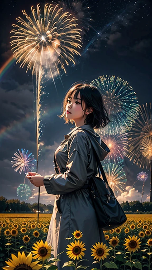 Paisagem de campo de girassol、fogo de artifício、fogo de artifício大会、cores do arco-írisのfogo de artifícioが打ちあがっている瞬間、夜nuloとともに、、ひまわり景色で壮大なfogo de artifício、futuro都市、mais alta qualidade、obra de arte, (Reflexão difusa da luz:1.2), Quando o fantástico arco-íris se transforma em sombra, banhado por uma atmosfera mística, Lançar feitiços mágicos. evocar uma sensação de admiração e admiração. Uma fusão de grandeza natural e magia, Tecendo sonhos em realidade. Contemplar, nulo, E o desconhecido, fugaz、And an eternal moment, 16k, Resolução ultra-alta.realista, Resolução ultra-alta, para nascer,futuro、cores do arco-írisに光り輝く、cores do arco-íris、O mundo daqui a 30 anos。