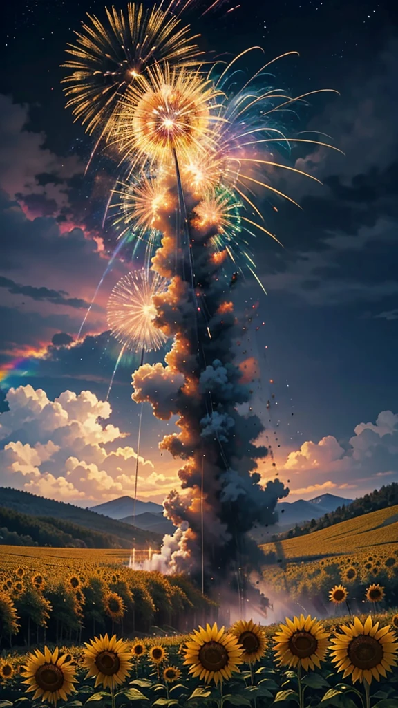 Landschaft mit Sonnenblumenfeld、Feuerwerk、Feuerwerk大会、RegenbogenfarbenのFeuerwerkが打ちあがっている瞬間、Mit der Nacht null、、ひまわり景色で壮大なFeuerwerk、Zukunft都市、höchste Qualität、Meisterwerk, (Diffuse Lichtreflexion:1.2), Wenn der phantastische Regenbogen zum Schatten wird, in eine mystische Atmosphäre getaucht, Zaubersprüche wirken. Erweckt ein Gefühl von Staunen und Ehrfurcht. Eine Mischung aus natürlicher Erhabenheit und Magie, Träume in die Realität umsetzen. Erblicken, null, Und das Unbekannte, flüchtig、Und ein ewiger Moment, 16K, ultrahohe Auflösung.realistisch, ultrahohe Auflösung, geboren werden,Zukunft、Regenbogenfarbenに光り輝く、Regenbogenfarben、Die Welt in 30 Jahren。