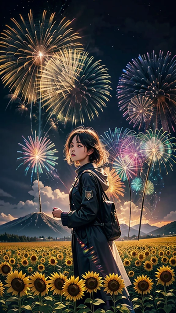 Paisagem de campo de girassol、fogo de artifício、fogo de artifício大会、cores do arco-írisのfogo de artifícioが打ちあがっている瞬間、夜nuloとともに、、ひまわり景色で壮大なfogo de artifício、futuro都市、mais alta qualidade、obra de arte, (Reflexão difusa da luz:1.2), Quando o fantástico arco-íris se transforma em sombra, banhado por uma atmosfera mística, Lançar feitiços mágicos. evocar uma sensação de admiração e admiração. Uma fusão de grandeza natural e magia, Tecendo sonhos em realidade. Contemplar, nulo, E o desconhecido, fugaz、And an eternal moment, 16k, Resolução ultra-alta.realista, Resolução ultra-alta, para nascer,futuro、cores do arco-írisに光り輝く、cores do arco-íris、O mundo daqui a 30 anos。