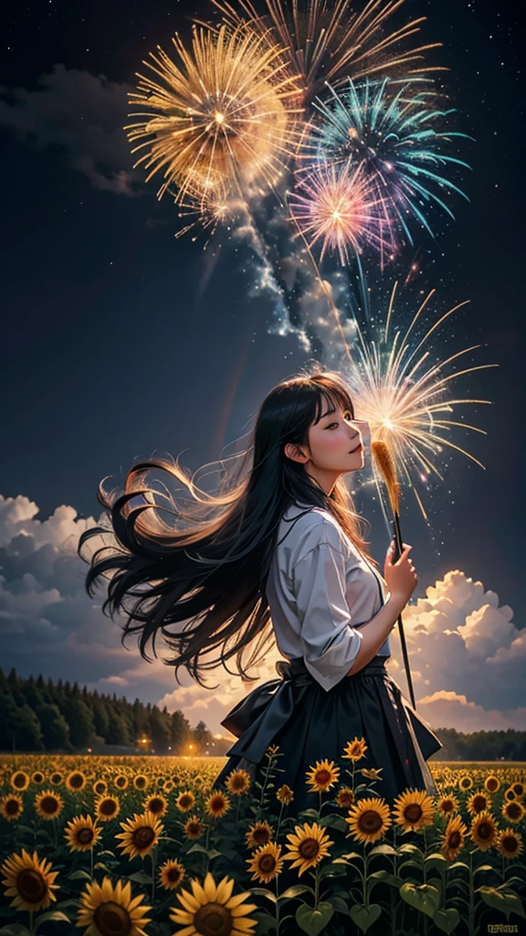 Paisagem de campo de girassol、fogo de artifício、fogo de artifício大会、cores do arco-írisのfogo de artifícioが打ちあがっている瞬間、夜nuloとともに、、ひまわり景色で壮大なfogo de artifício、futuro都市、mais alta qualidade、obra de arte, (Reflexão difusa da luz:1.2), Quando o fantástico arco-íris se transforma em sombra, banhado por uma atmosfera mística, Lançar feitiços mágicos. evocar uma sensação de admiração e admiração. Uma fusão de grandeza natural e magia, Tecendo sonhos em realidade. Contemplar, nulo, E o desconhecido, fugaz、And an eternal moment, 16k, Resolução ultra-alta.realista, Resolução ultra-alta, para nascer,futuro、cores do arco-írisに光り輝く、cores do arco-íris、O mundo daqui a 30 anos。