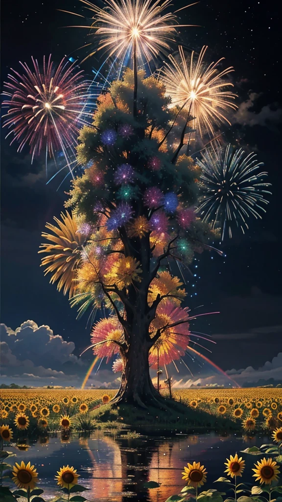 Paisagem de campo de girassol、fogo de artifício、fogo de artifício大会、cores do arco-írisのfogo de artifícioが打ちあがっている瞬間、夜nuloとともに、、ひまわり景色で壮大なfogo de artifício、futuro都市、mais alta qualidade、obra de arte, (Reflexão difusa da luz:1.2), Quando o fantástico arco-íris se transforma em sombra, banhado por uma atmosfera mística, Lançar feitiços mágicos. evocar uma sensação de admiração e admiração. Uma fusão de grandeza natural e magia, Tecendo sonhos em realidade. Contemplar, nulo, E o desconhecido, fugaz、And an eternal moment, 16k, Resolução ultra-alta.realista, Resolução ultra-alta, para nascer,futuro、cores do arco-írisに光り輝く、cores do arco-íris、O mundo daqui a 30 anos。