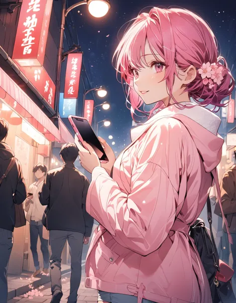 Beautiful woman, street lights at night, Fiddling with smartphones, Hot Pants, Fragrant pink flowers, Sakura, Passersby, night g...