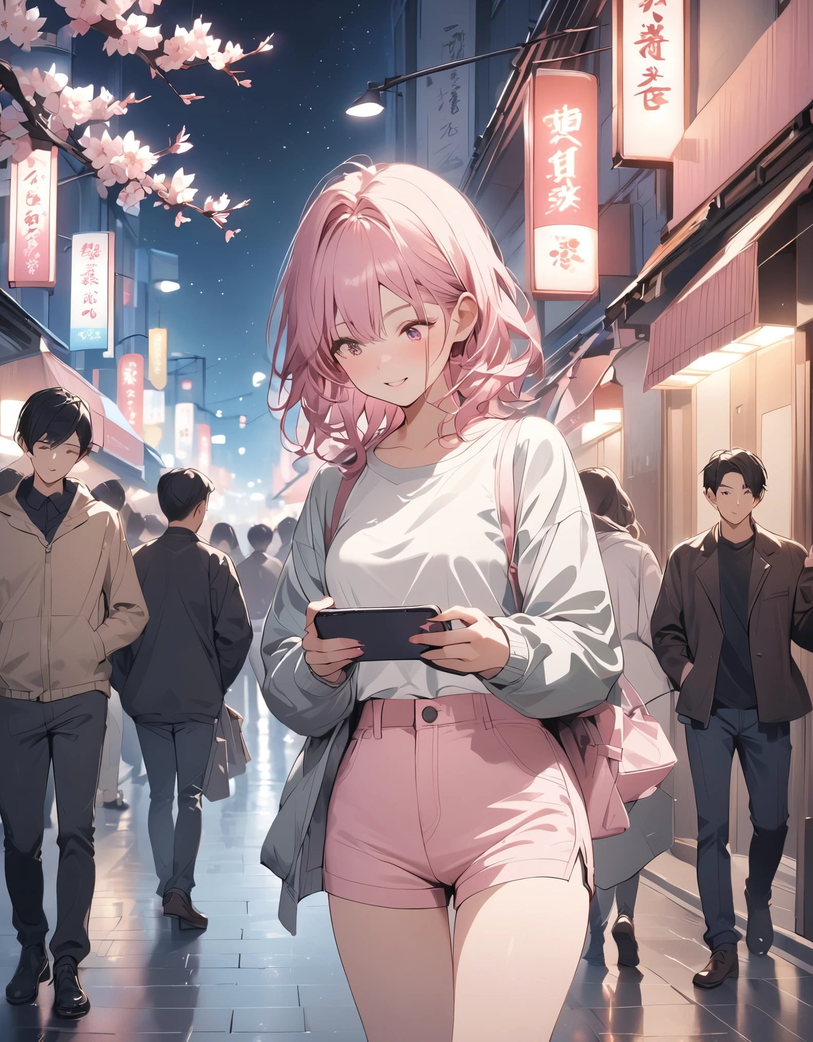 Beautiful woman, street lights at night, Fiddling with smartphones, Hot Pants, Fragrant pink flowers, Sakura, Passersby, night gradient, fine details, Subtle tones, There is a sense of tranquility in the picture.  