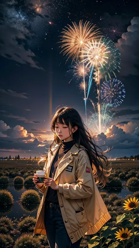 Landscape of sunflower field、firework、firework大会、Rainbow colorsのfireworkが打ちあがっている瞬間、夜nullとともに、、ひまわり景色で壮大なfirework、future都市、Highe...