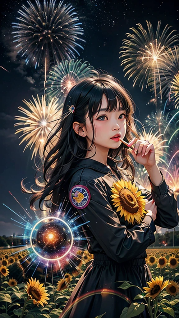 Paisagem de campo de girassol、fogo de artifício、fogo de artifício大会、cores do arco-írisのfogo de artifícioが打ちあがっている瞬間、夜nuloとともに、、ひまわり景色で壮大なfogo de artifício、futuro都市、mais alta qualidade、obra de arte, (Reflexão difusa da luz:1.2), Quando o fantástico arco-íris se transforma em sombra, banhado por uma atmosfera mística, Lançar feitiços mágicos. evocar uma sensação de admiração e admiração. Uma fusão de grandeza natural e magia, Tecendo sonhos em realidade. Contemplar, nulo, E o desconhecido, fugaz、And an eternal moment, 16k, Resolução ultra-alta.realista, Resolução ultra-alta, para nascer,futuro、cores do arco-írisに光り輝く、cores do arco-íris、O mundo daqui a 30 anos。