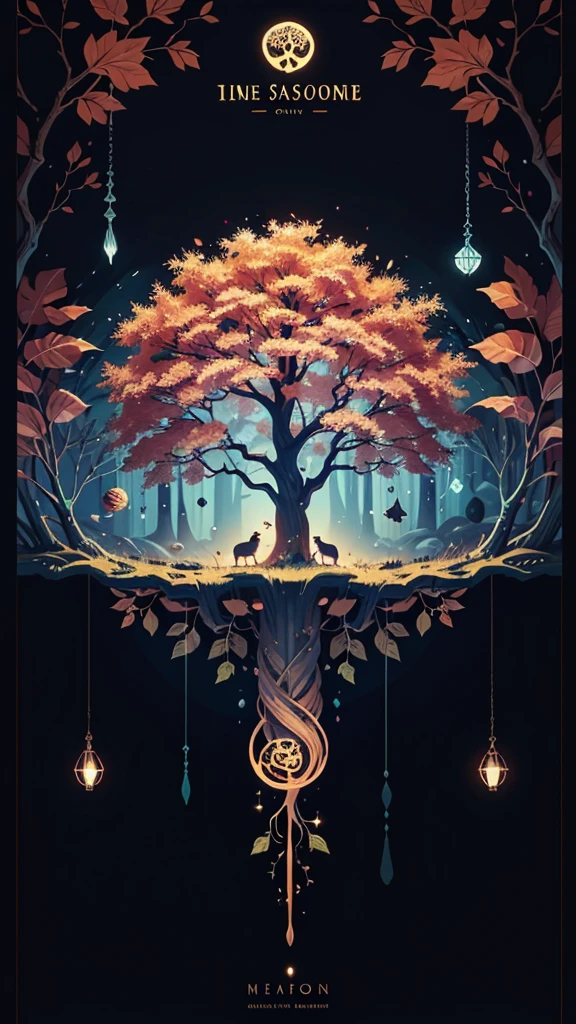 circular tree,four seasons,spring,summer,autumn,winter,leaves,roots,branches,trunk,ornate border,decorative,digital illustration,artwork,movement,time,swirling background,dark background,vibrant colors,natural,life cycle,growth,change,nature,life,peace,harmony,spirituality,symbolism,digital art,illustration,painting,graphic design,art,design,digital media,online art,visual art,fine art,fantasy