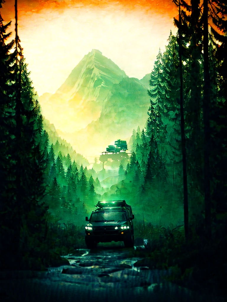 A rugged orange 4x4 vehicle drives through a muddy, rocky path in a lush, green jungle. Rain is falling, and the vehicle is covered in mud. The image is framed by tall trees and mountains in the distance. Write without spelling mistake, The text "ONE LIFE LIVE IT" is superimposed on the image.The mood is adventurous and exciting. The style is realistic and cinematic, with a focus on the vehicle and the natural beauty of the surroundings. The image is shot from a low angle, emphasizing the size and power of the vehicle. The lighting is soft and natural, with a focus on the rain and the lush greenery. The colors are vibrant and saturated, with a focus on the orange of the vehicle and the green of the jungle. The image is rendered in high detail, with a focus on the texture of the mud and the leaves. The background is blurred, drawing the viewer's attention to the vehicle and the path ahead.