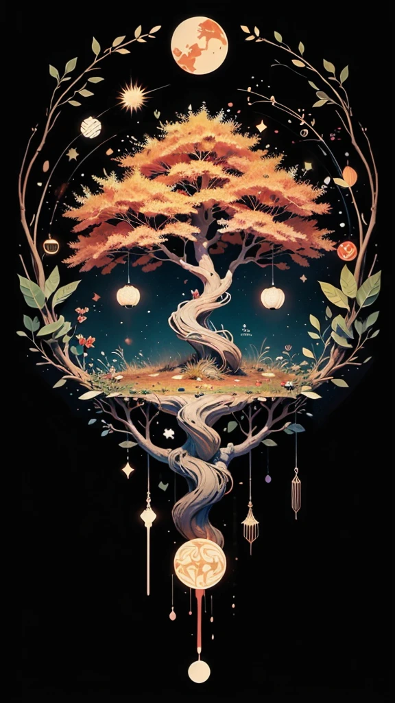 circular tree,four seasons,spring,summer,autumn,winter,leaves,roots,branches,trunk,ornate border,decorative,digital illustration,artwork,movement,time,swirling background,dark background,vibrant colors,natural,life cycle,growth,change,nature,life,peace,harmony,spirituality,symbolism,digital art,illustration,painting,graphic design,art,design,digital media,online art,visual art,fine art,fantasy