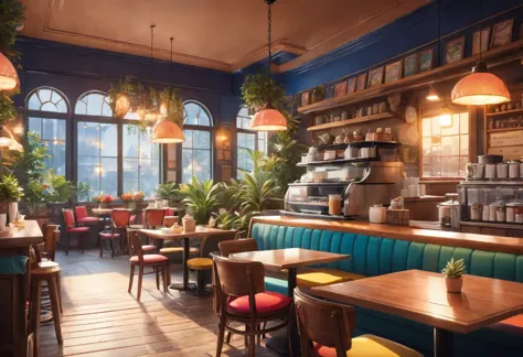 Anime-style, the interior of a coffee shop is illustrated with intricate details and vibrant colors. Delicate steam rises from t...