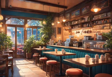Anime-style, the interior of a coffee shop is illustrated with intricate details and vibrant colors. Delicate steam rises from t...