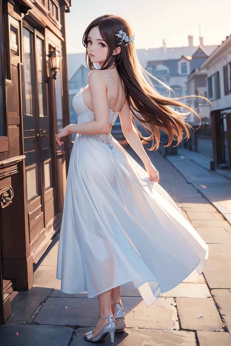 ((Best Quality, 8K, Masterpiece: 1.3)),1 girl, mature woman, brown hair, brown eyes, blank background, remove back ground, feet,Evening dress, white and blue dress