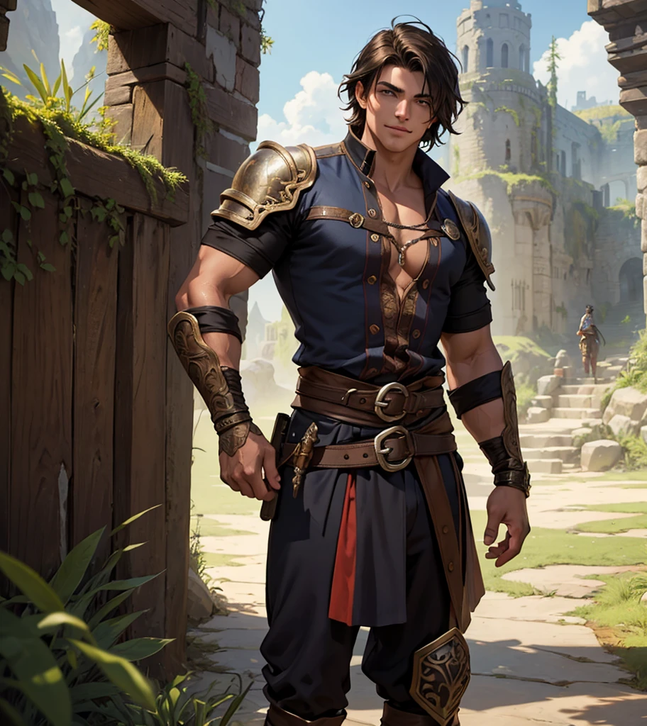 (((Single character image.))) (((1boy))) (((Luxurious hair and sexy smirk.))) (((18 years old.))) (((18yo.))) (((Dressed in medieval fantasy attire with pirate themes.))) (((Great abs.  Great pecs.  Great crotch.))) (((Dressed in medieval fantasy attire.))) (((Intense, sexy stare.))) (((Beautiful shoulder length dark hair.))) Gorgeous male character with a body that women lust for.  (((Strong sexual appeal.))) Looks like a fun-loving and heroic male adventurer for Dungeons & Dragons. Looks like a very attractive male adventurer for a high fantasy setting. Looks like a hot boyfriend. Looks like a handsome and rugged male adventurer for Dungeons & Dragons. Looks like a handsome male for a medieval fantasy setting. Looks like a Dungeons & Dragons adventurer, very cool and masculine hair style, black clothing, handsome, charming smile, adventurer, athletic build, excellent physique, confident, gorgeous face, gorgeous body,  detailed and intricate, fantasy setting,fantasy art, dungeons & dragons, fantasy adventurer, fantasy NPC, attractive male in his mid 20's, ultra detailed, epic masterpiece, ultra detailed, intricate details, digital art, unreal engine, 8k, ultra HD, centered image award winning, fantasy art concept, digital art, centered image, flirting with viewer, best quality:1.0,hyperealistic:1.0,photorealistic:1.0,madly detailed CG unity 8k wallpaper:1.0,masterpiece:1.3,madly detailed photo:1.2, hyper-realistic lifelike texture:1.4, picture-perfect:1.0,8k, HQ,best quality:1.0,